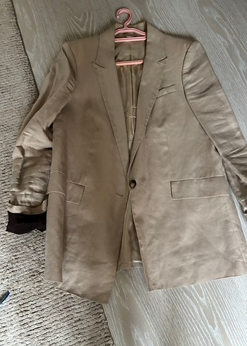 Bej Keten Düğmeli Kadın Blazer Ceket - Görsel 8