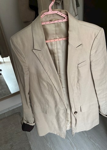 Bej Keten Düğmeli Kadın Blazer Ceket - Görsel 10