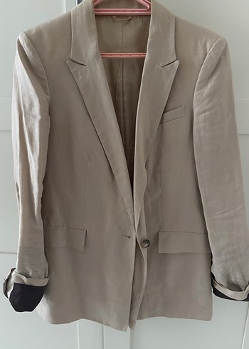 Bej Keten Düğmeli Kadın Blazer Ceket - Görsel 11