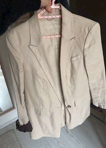 Bej Keten Düğmeli Kadın Blazer Ceket - Görsel 2