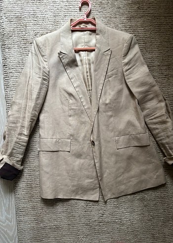 Bej Keten Düğmeli Kadın Blazer Ceket - Görsel 7