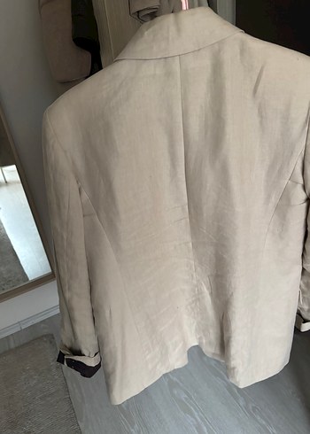 Bej Keten Düğmeli Kadın Blazer Ceket - Görsel 9