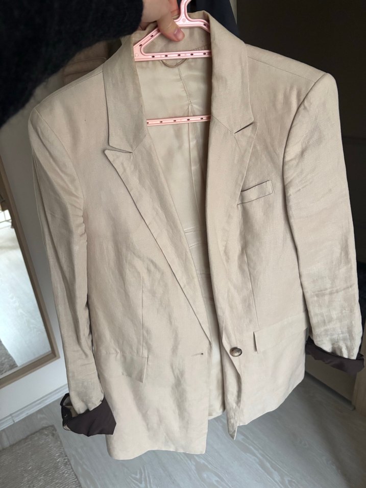 Bej Keten Düğmeli Kadın Blazer Ceket - Görsel 2