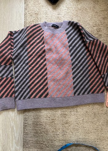 Gri Çizgili Triko Kadın Kazak - Görsel 2