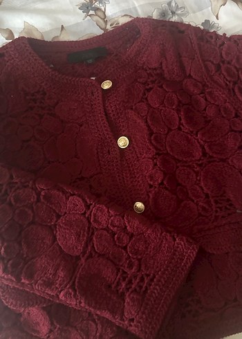 Zara Düğmeli Bordo Nakışlı Kadın Hırka - Görsel 4