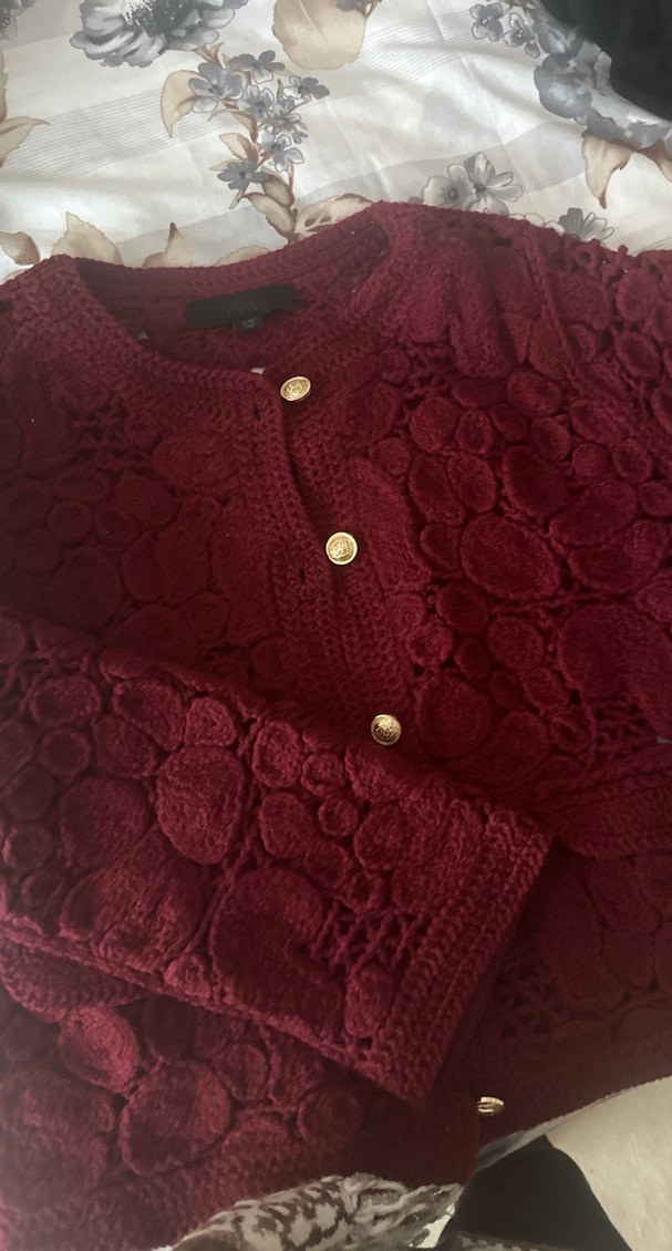 Zara Düğmeli Bordo Nakışlı Kadın Hırka - Görsel 4