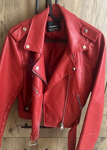 Kadın Kırmızı Deri Biker Ceket - Görsel 2