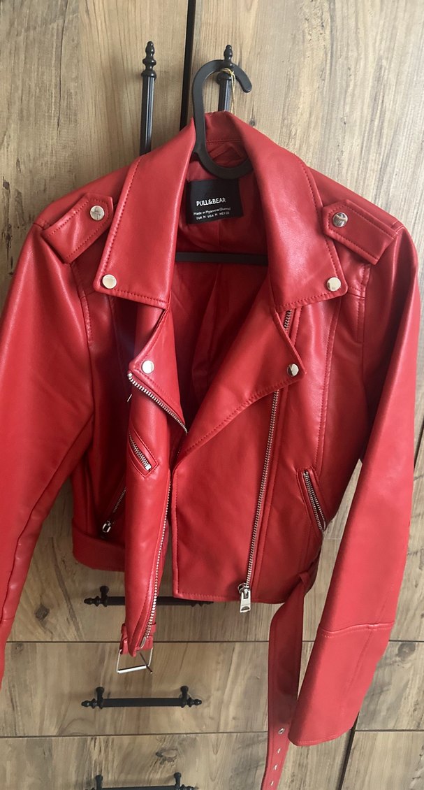 Kadın Kırmızı Deri Biker Ceket - Görsel 2