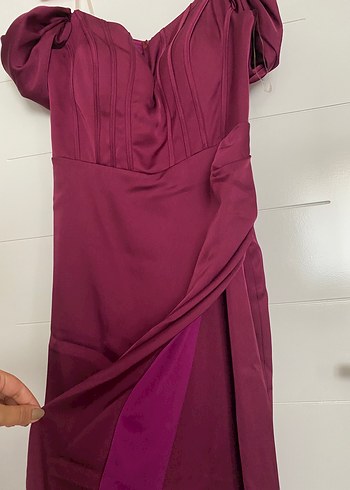 Bordo Drapeli Uzun V Yakalı Abiye Elbise - Görsel 5