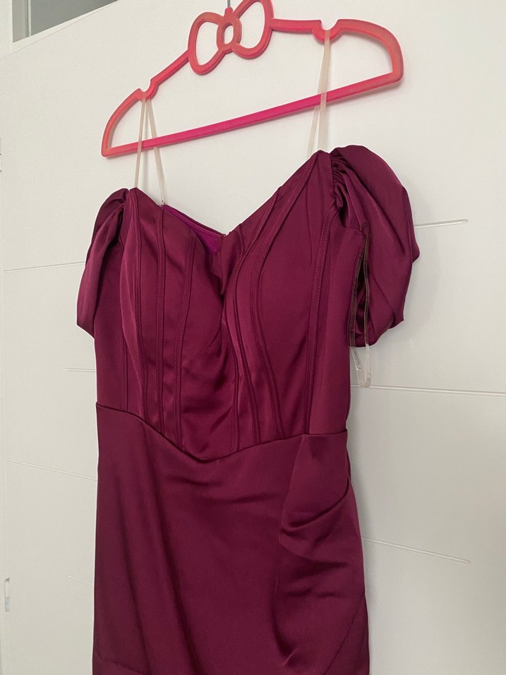 Bordo Drapeli Uzun V Yakalı Abiye Elbise - Görsel 2