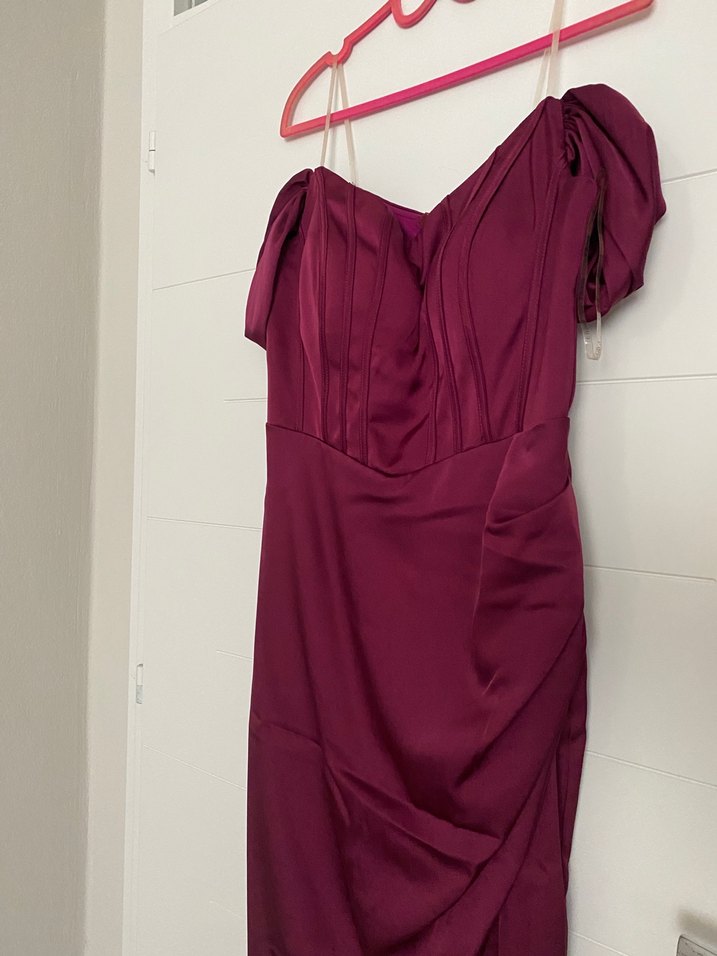 Bordo Drapeli Uzun V Yakalı Abiye Elbise - Görsel 3