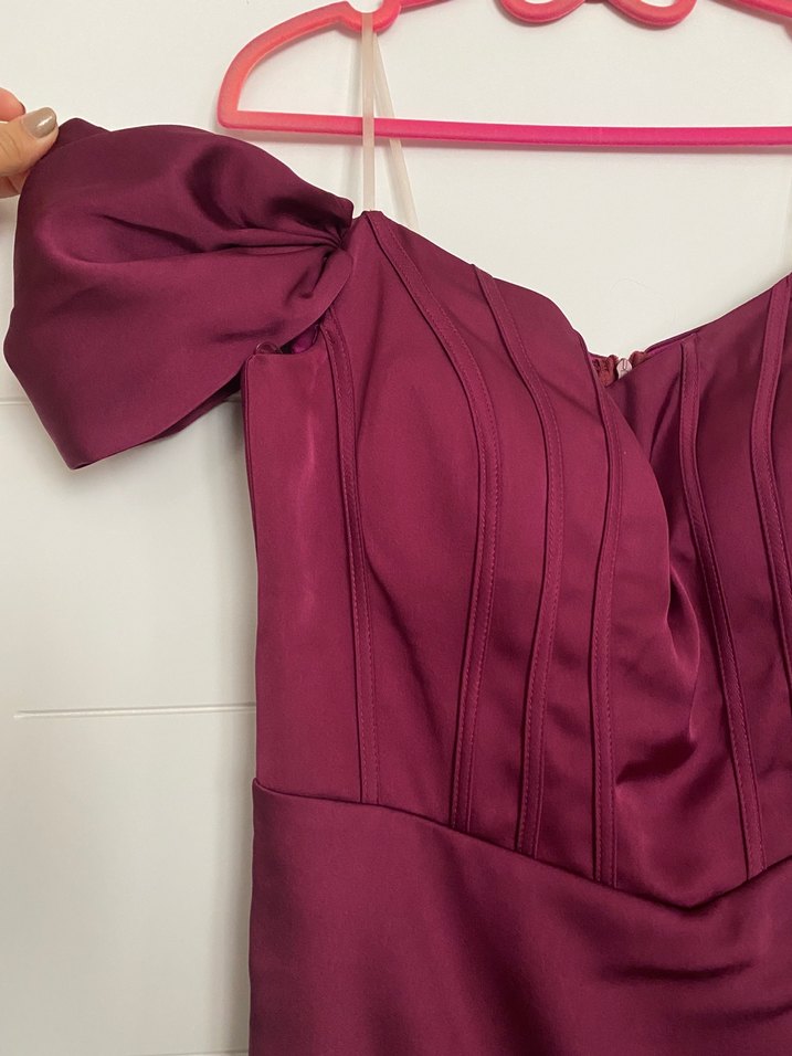 Bordo Drapeli Uzun V Yakalı Abiye Elbise - Görsel 4