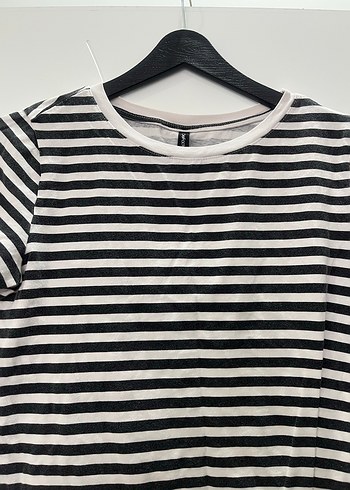 Defacto Gri Beyaz Çizgili Kısa Kollu Kadın Tişört - Görsel 2