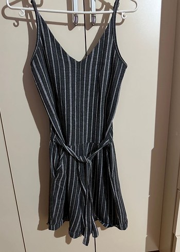 Çizgili, Askılı, Midi Gri Kadın Tulum - Görsel 4