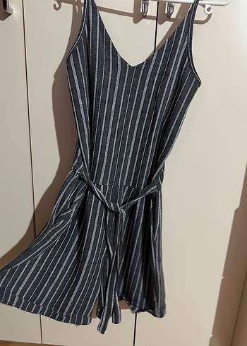 Çizgili, Askılı, Midi Gri Kadın Tulum - Görsel 2