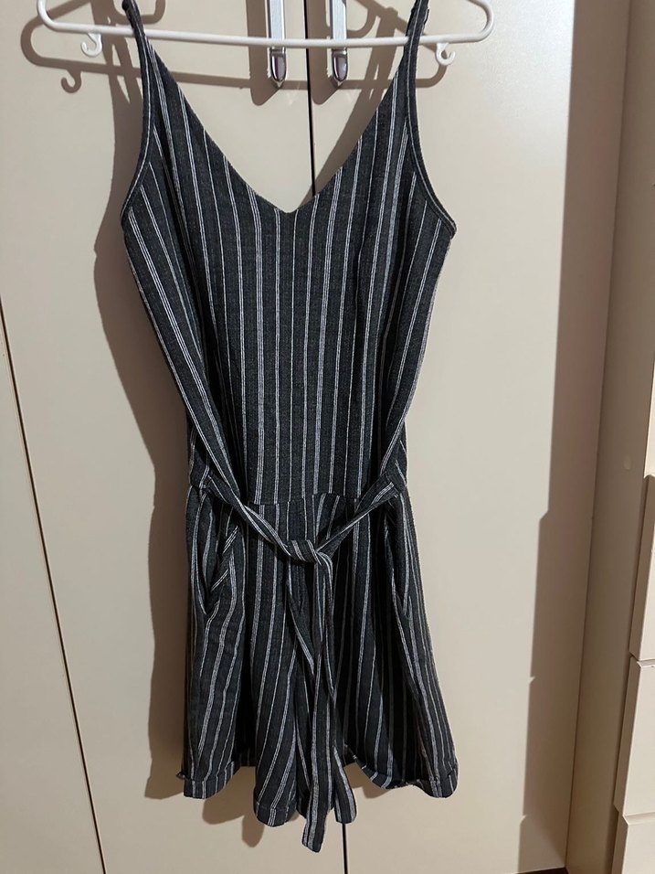 Çizgili, Askılı, Midi Gri Kadın Tulum - Görsel 4