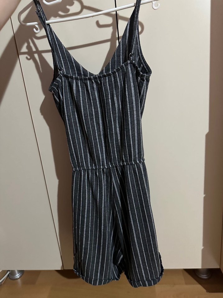 Çizgili, Askılı, Midi Gri Kadın Tulum - Görsel 5