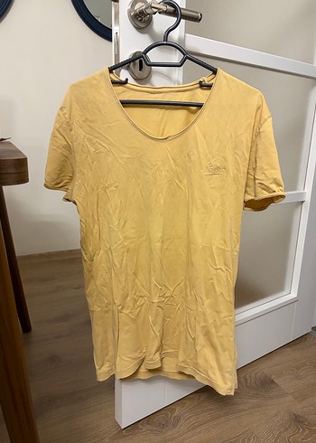 Sarı V Yaka Erkek Keten Tişört - Görsel 3