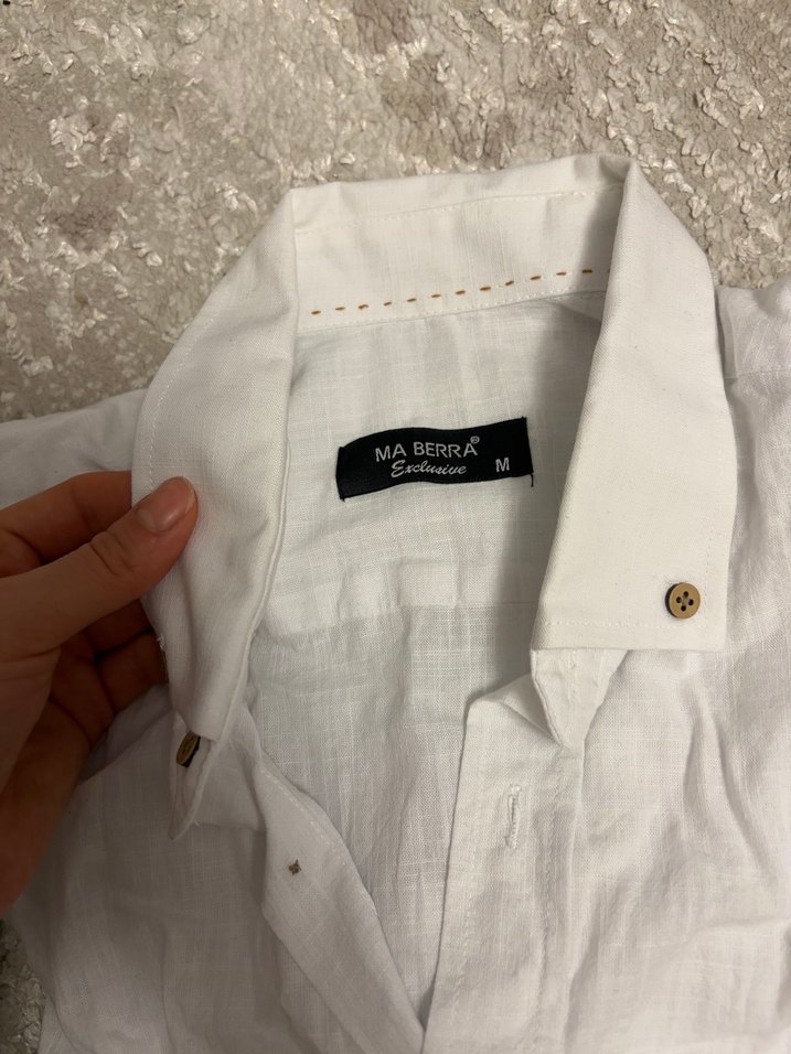 Beyaz Keten Kısa Kollu Gömlek - Görsel 2