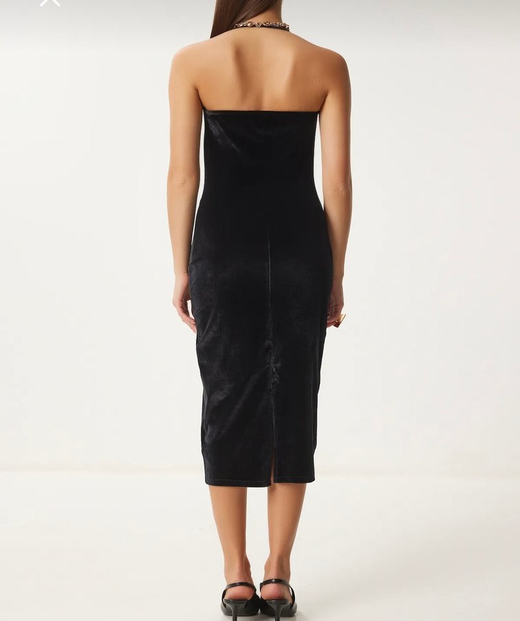 Siyah Drapeli Uzun Abiye Elbise kadife - Görsel 3