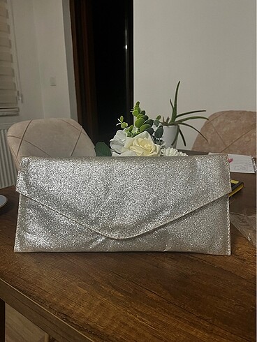 Gri gümüş simli zarf çanta düğünlük - Görsel 8