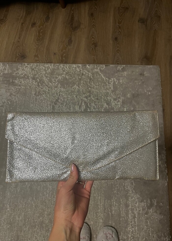 Gri gümüş simli zarf çanta düğünlük - Görsel 3