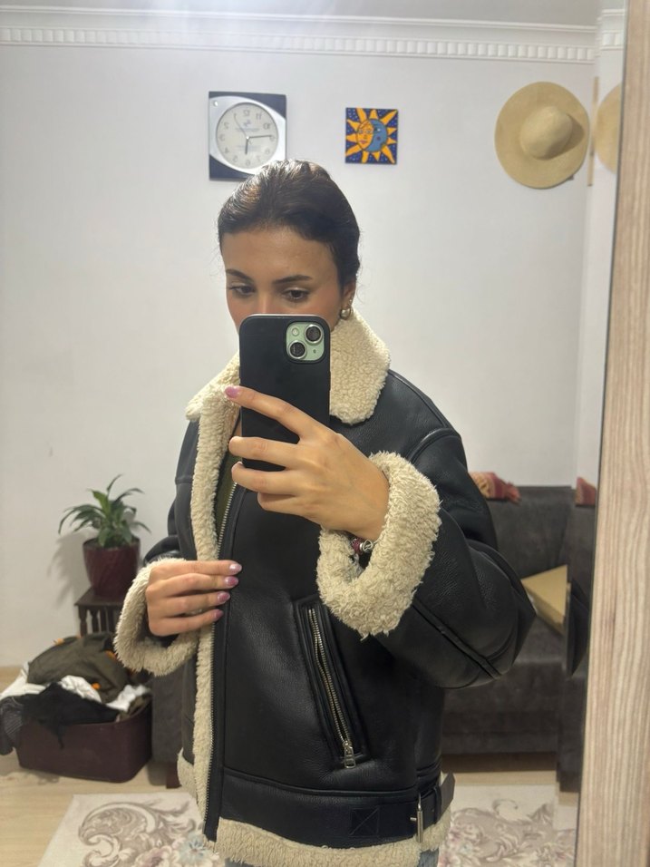 Siyah Kürklü Deri Kadın Ceket - Görsel 4