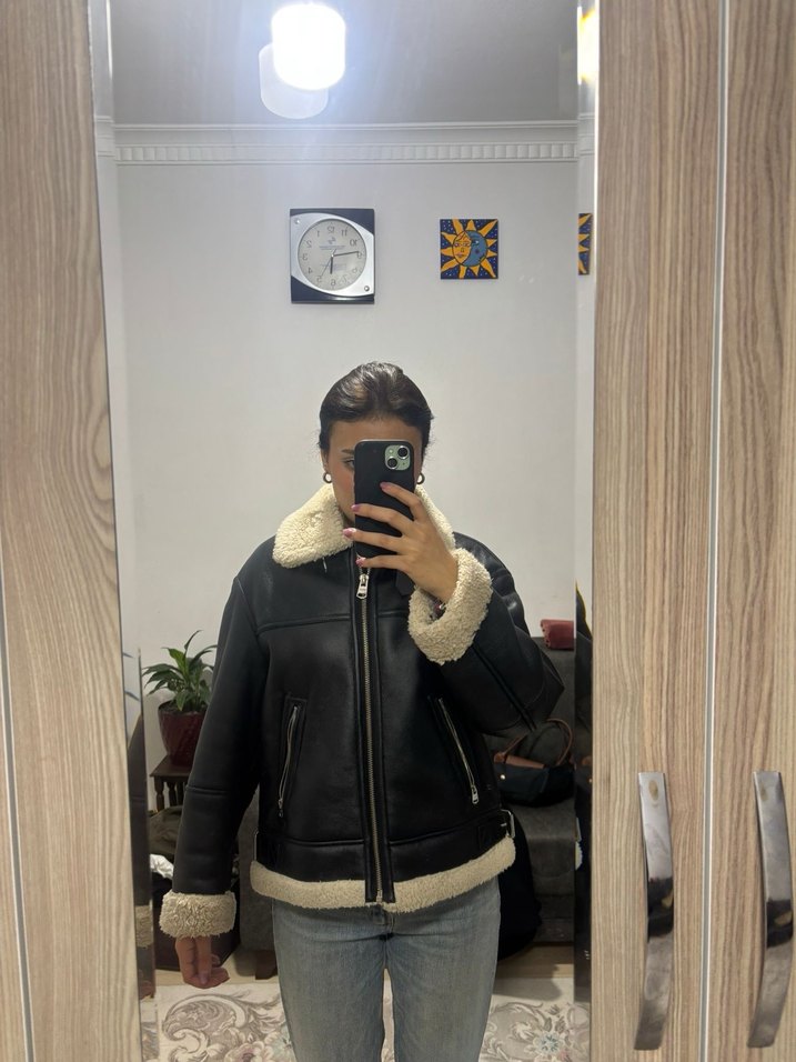 Siyah Kürklü Deri Kadın Ceket - Görsel 2