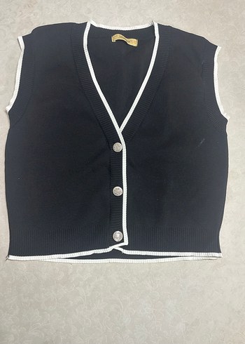 Düğmeli V Yaka Siyah Kadın Yelek - Görsel 3