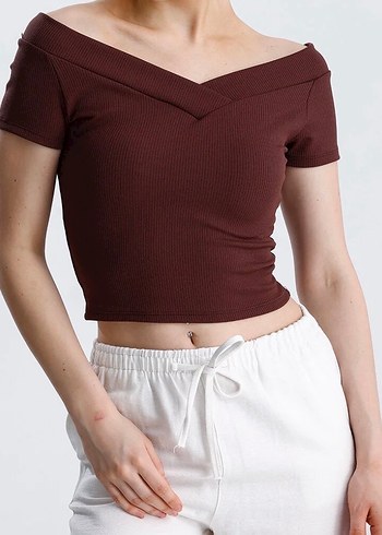 Bordo V-Yaka Crop Top Kadın - Görsel 3