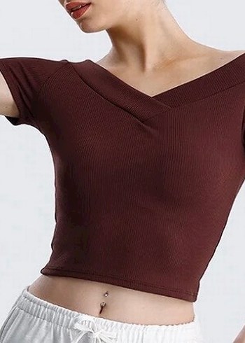 Bordo V-Yaka Crop Top Kadın - Görsel 2