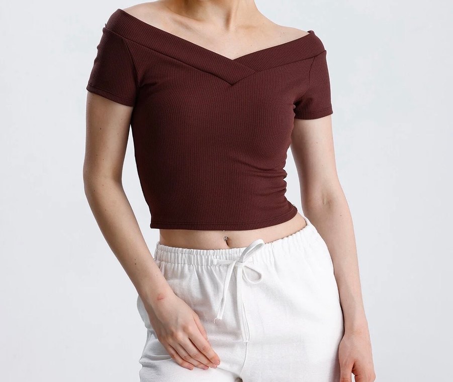 Bordo V-Yaka Crop Top Kadın - Görsel 3