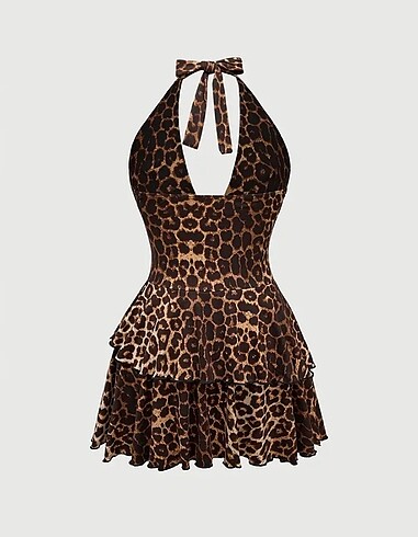 m Beden Leopar desenli mini elbise
