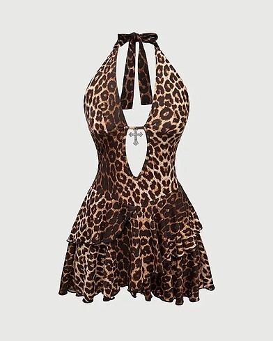 m Beden çeşitli Renk Leopar desenli mini elbise