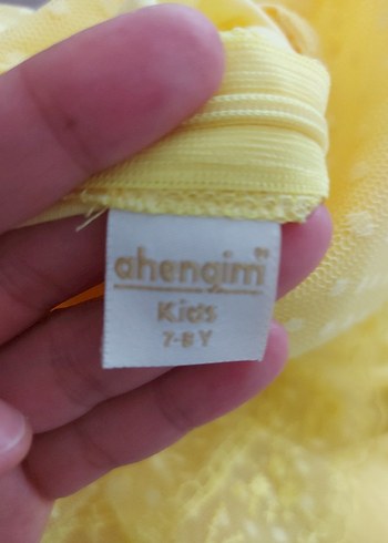 Uzun Kollu Sarı Kız Çocuk Dantelli Elbise - Görsel 6