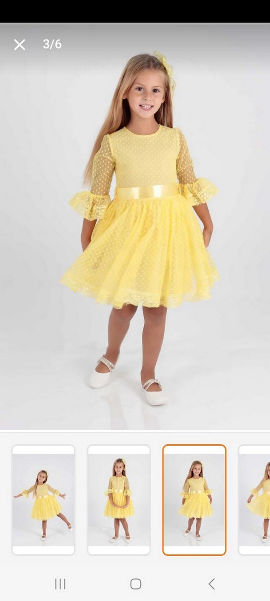 Uzun Kollu Sarı Kız Çocuk Dantelli Elbise - Görsel 2