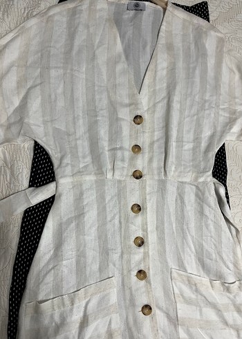 Düğmeli Beyaz Keten Midi Elbise - Görsel 6