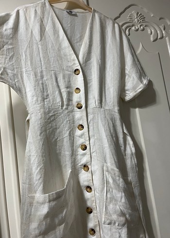 Düğmeli Beyaz Keten Midi Elbise - Görsel 5