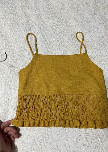 Sarı Renkli  Oxxo marka Fırfırlı Keten Askılı Kadın Bluz - Görsel 4