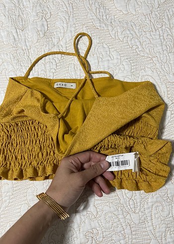 Sarı Renkli  Oxxo marka Fırfırlı Keten Askılı Kadın Bluz - Görsel 3