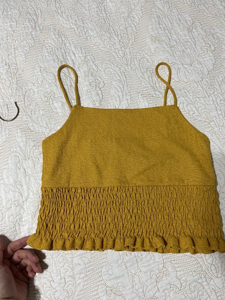 Sarı Renkli  Oxxo marka Fırfırlı Keten Askılı Kadın Bluz - Görsel 4