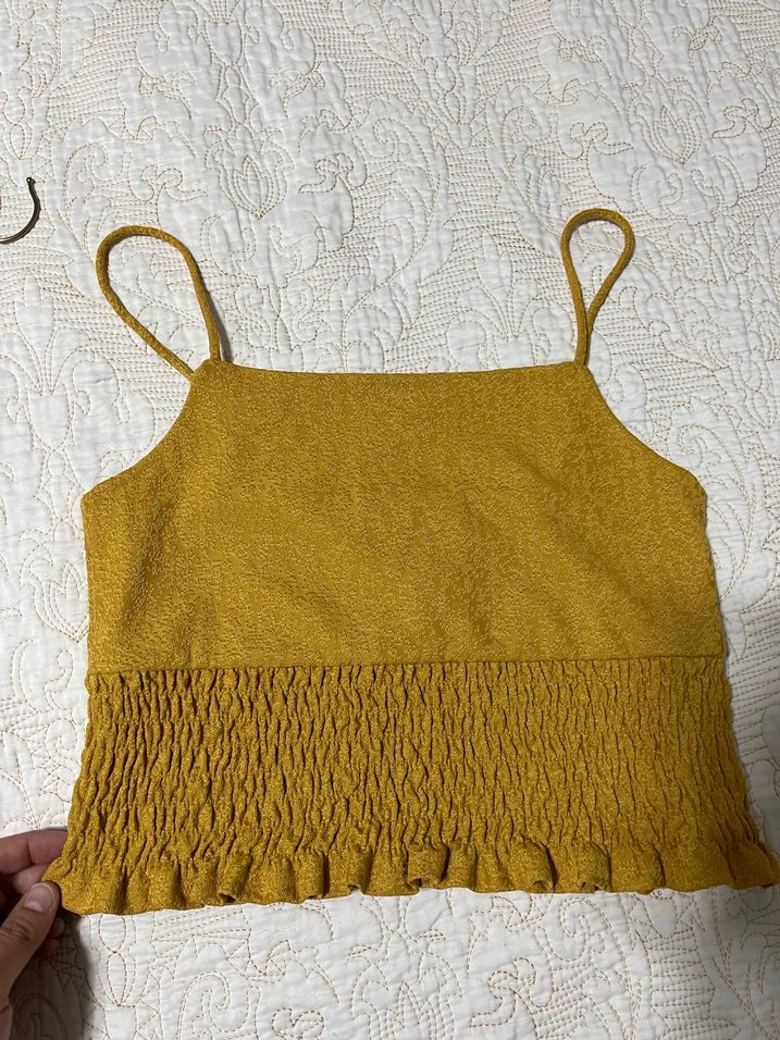 Sarı Renkli  Oxxo marka Fırfırlı Keten Askılı Kadın Bluz - Görsel 2