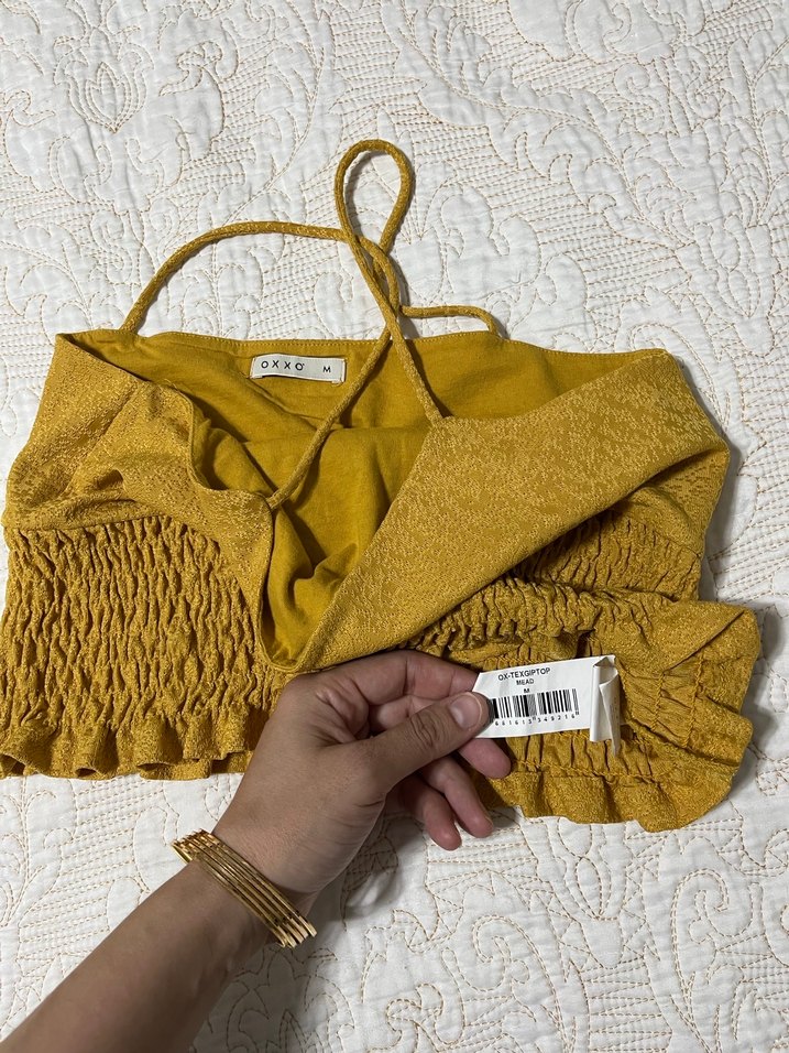 Sarı Renkli  Oxxo marka Fırfırlı Keten Askılı Kadın Bluz - Görsel 3