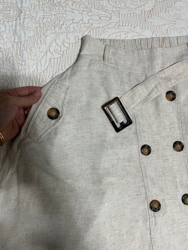 Düğmeli Bej Kadın Midi Keten etek - Görsel 3