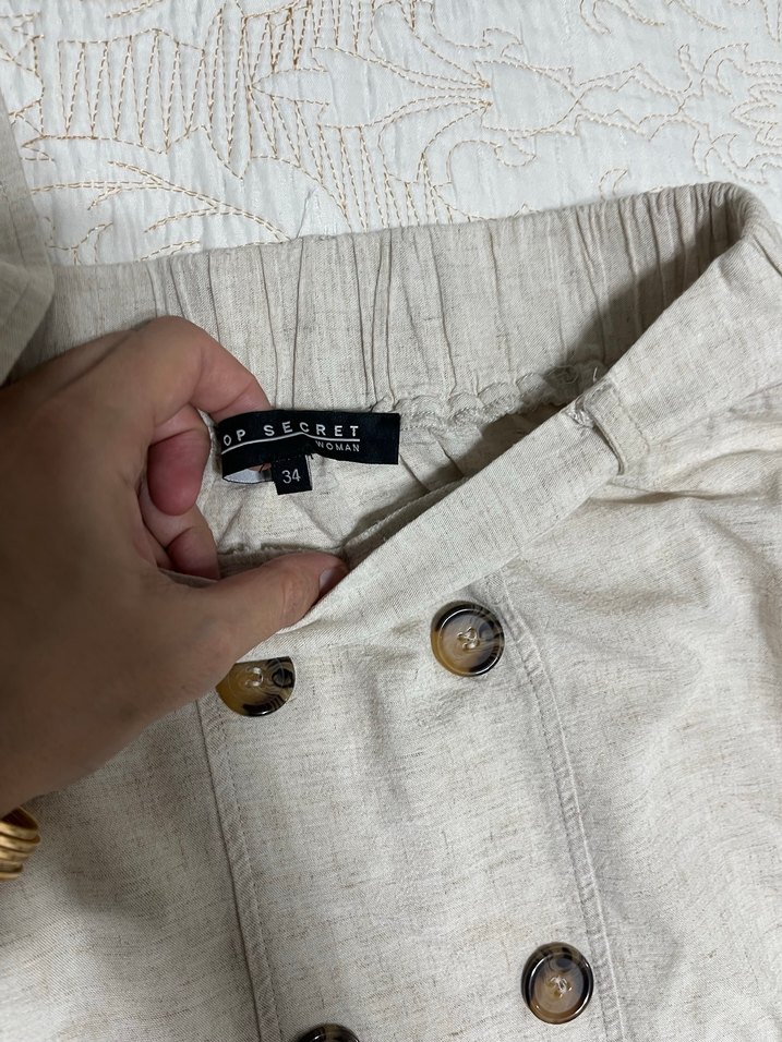 Düğmeli Bej Kadın Midi Keten etek - Görsel 2