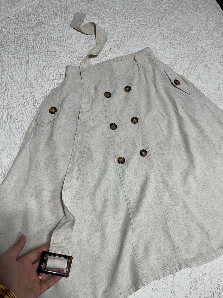 Düğmeli Bej Kadın Midi Keten etek - Görsel 4