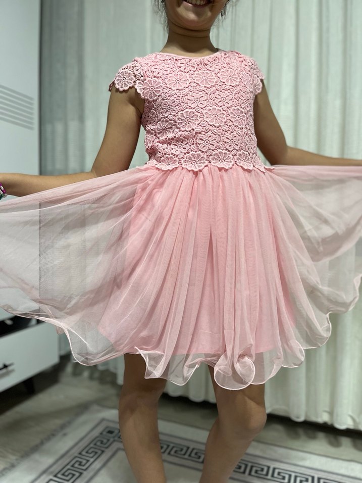 Pembe Dantel Detaylı Kız Çocuk Elbise - Görsel 3