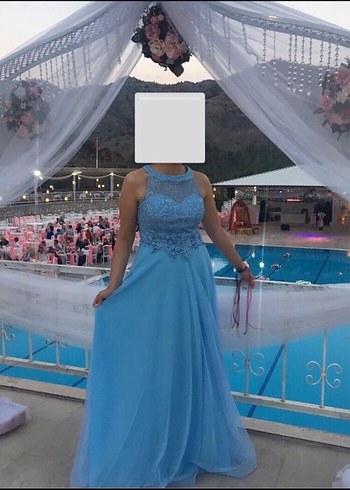Mavi Transparan Detaylı Uzun Abiye Elbise