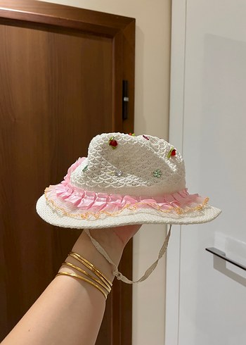 Diğer Pembe Nakışlı Fırfırlı Çocuk Hasır Şapka