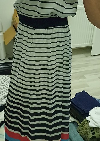 Çizgili Pamuklu Salaş Uzun Elbise - Görsel 3